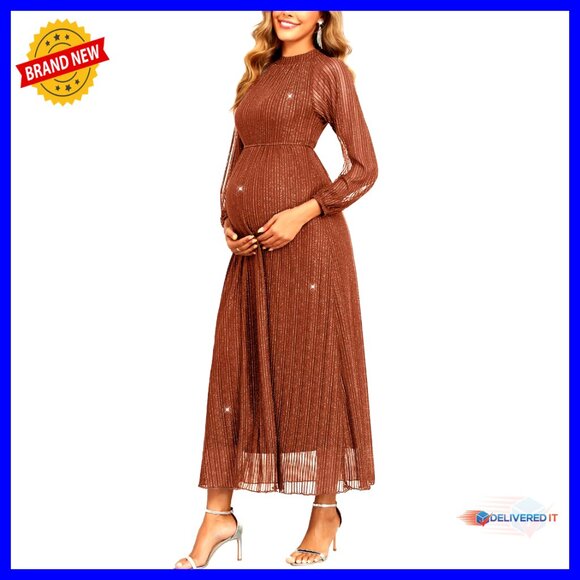 Maternity Halter Maxi Dress A-Line Long Sleeve Semi Formal Baby Shower